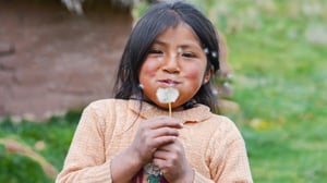 Young Native American girl looking happy and blowing the fluff from a dandelion.