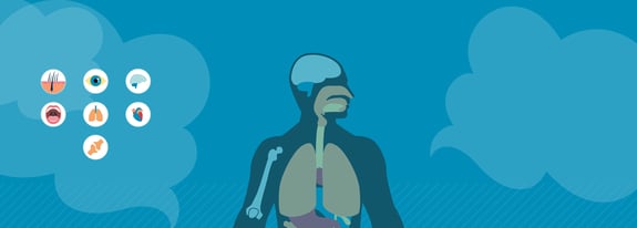 Graphic showing seven icons representing areas of the body impacted by nicotine, including skin, eyes, brain, mouth, lungs, heart, and joints.