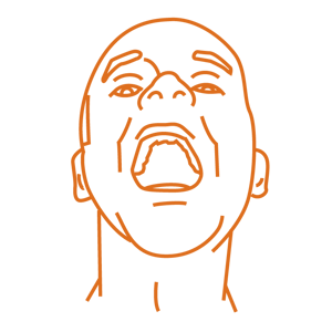 Drawing of face with head tipped back and mouth open for examination.